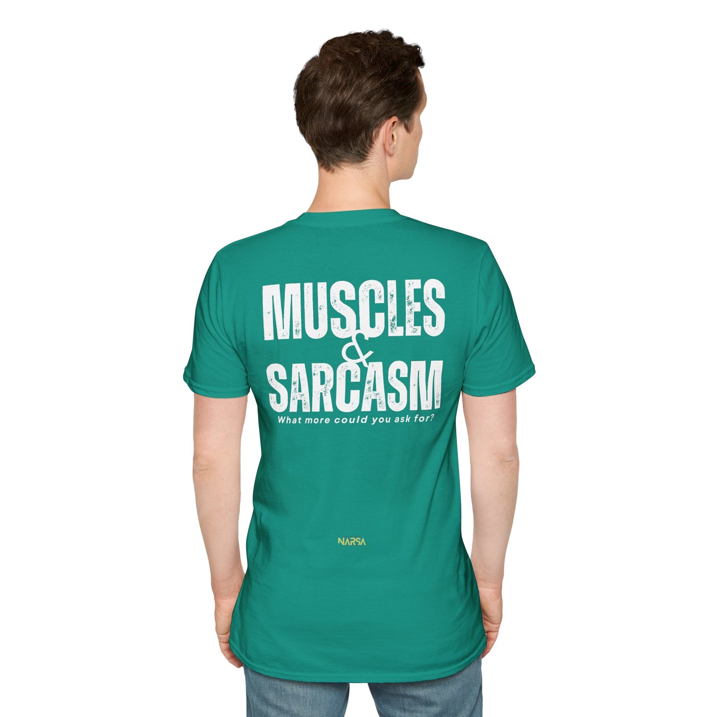 Muscles & Sarcasm - Funny Gym Unisex Softstyle T-Shirt