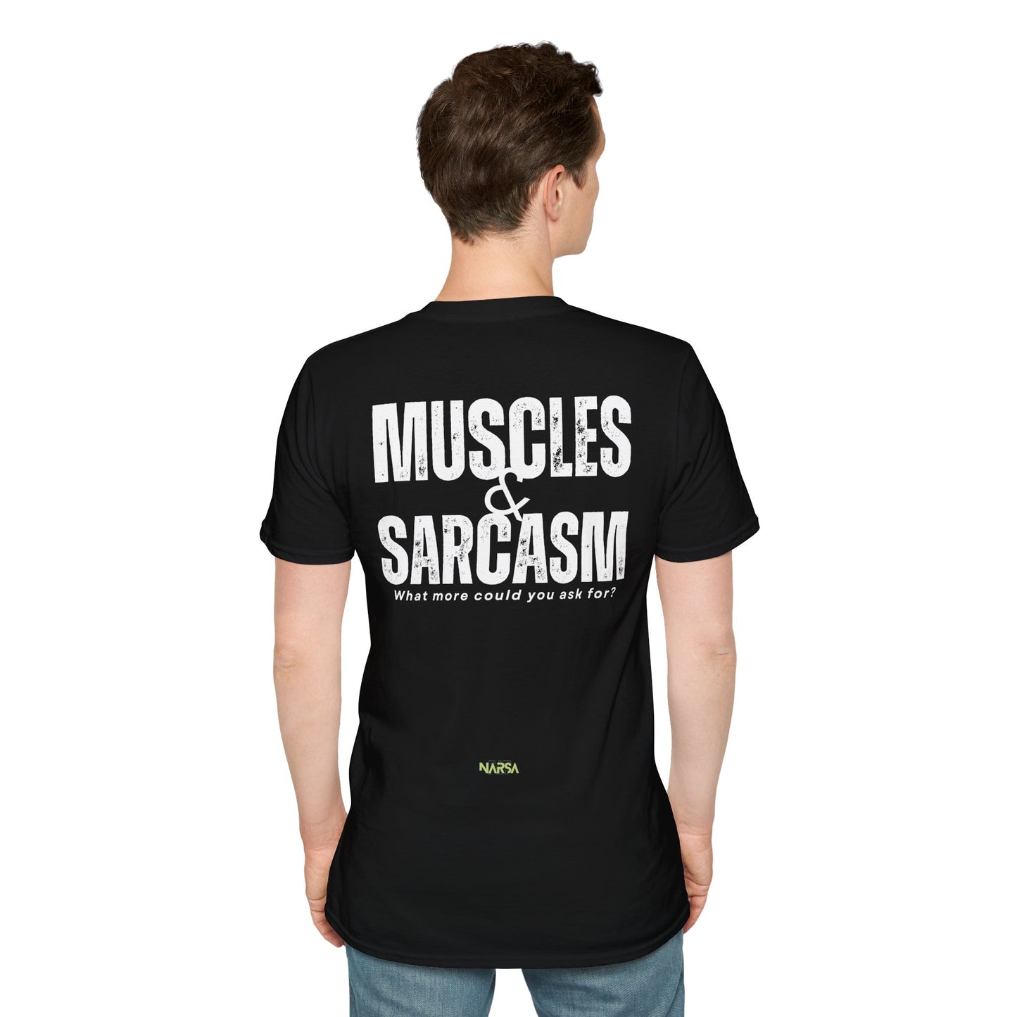 Muscles & Sarcasm - Funny Gym Unisex Softstyle T-Shirt