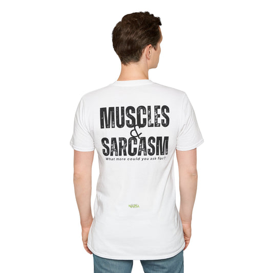 Muscles & Sarcasm - Funny Gym Unisex Softstyle T-Shirt