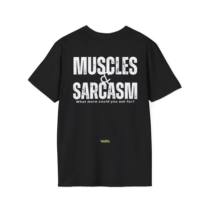 Muscles & Sarcasm - Funny Gym Unisex Softstyle T-Shirt