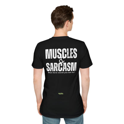 Muscles & Sarcasm - Funny Gym Unisex Softstyle T-Shirt
