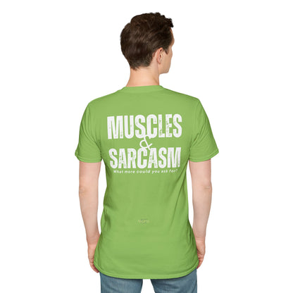 Muscles & Sarcasm - Funny Gym Unisex Softstyle T-Shirt