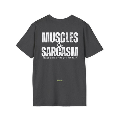 Muscles & Sarcasm - Funny Gym Unisex Softstyle T-Shirt