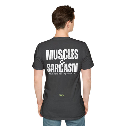 Muscles & Sarcasm - Funny Gym Unisex Softstyle T-Shirt